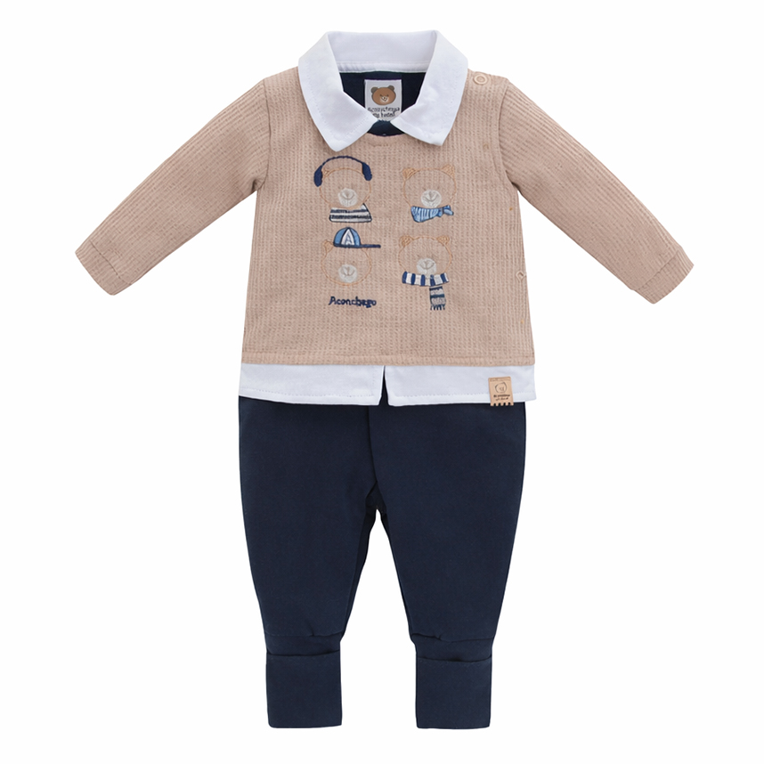 Macacão Longo Bebê Aconchego Bordado Urso Com Fone