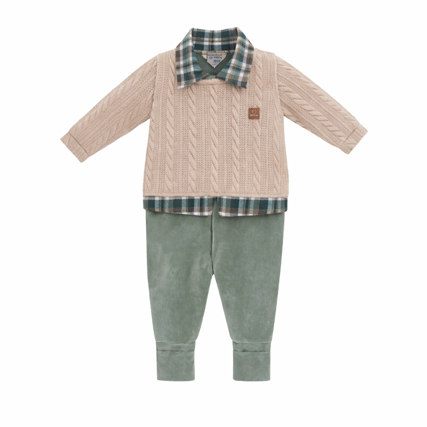 Macacão Longo Bebê Aconchego Menino Pala Tricô Xadrez