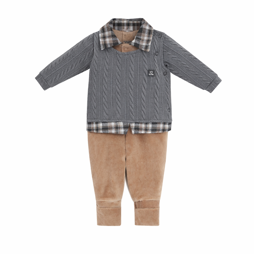 Macacão Longo Bebê Aconchego Menino Pala Tricô Xadrez