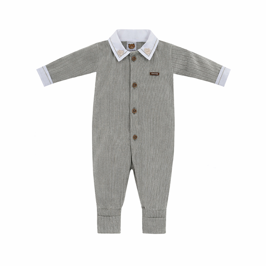 Macacão Longo Bebê Aconchego Canelado Gola Bordada