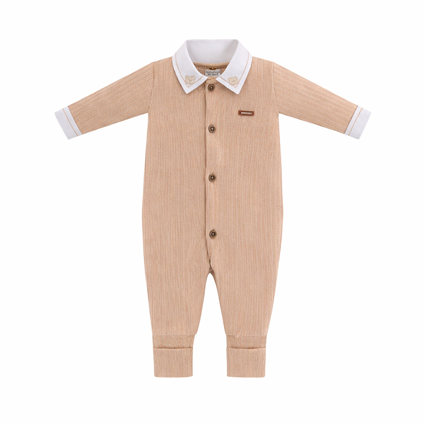 Macacão Longo Bebê Aconchego Canelado Gola Bordada