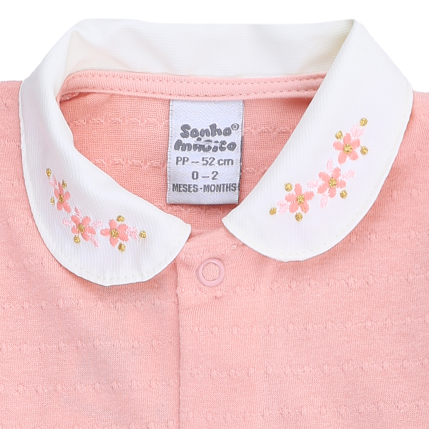 Macacão Longo Bebê Sonho Mágico Gola Bordado Flor