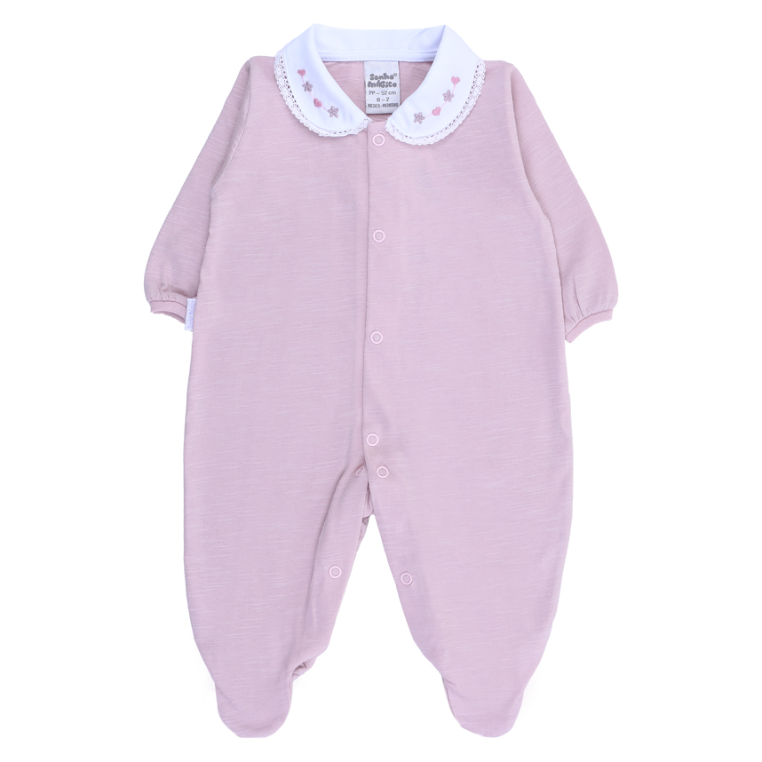 Macacão Longo Bebê Sonho Mágico Bordado Flores e Corações