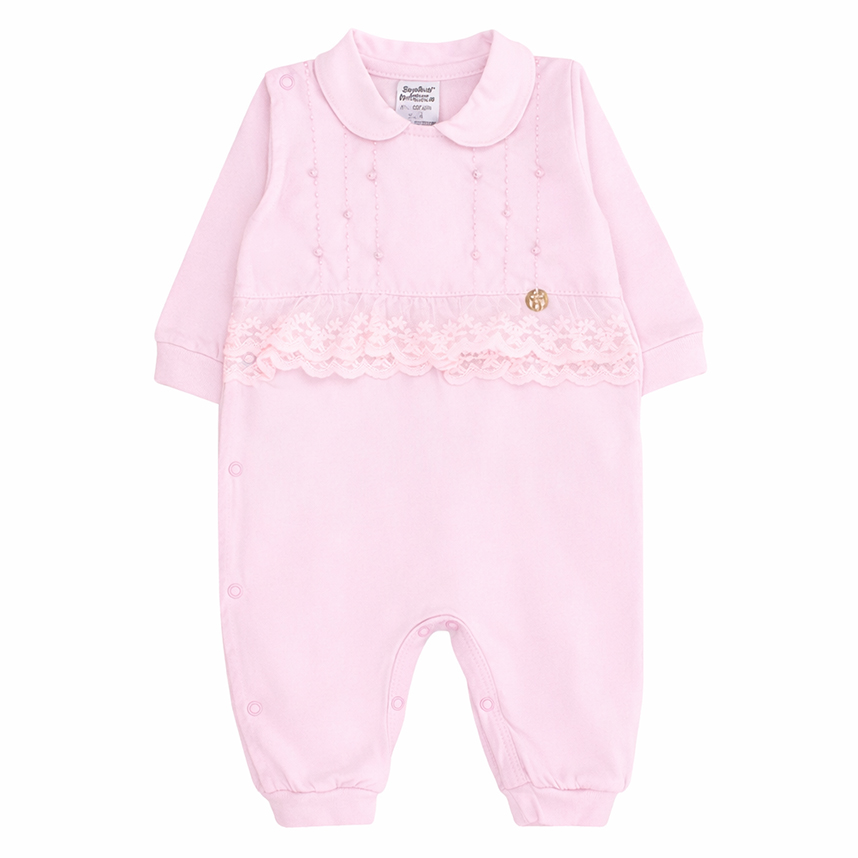 Macacão Longo Bebê Sonho Mágico Pala Pérolas E Renda