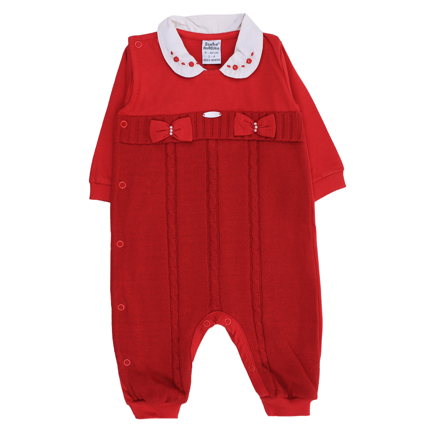 Macacão Longo Bebê Sonho Mágico Tricô Bordado Laço