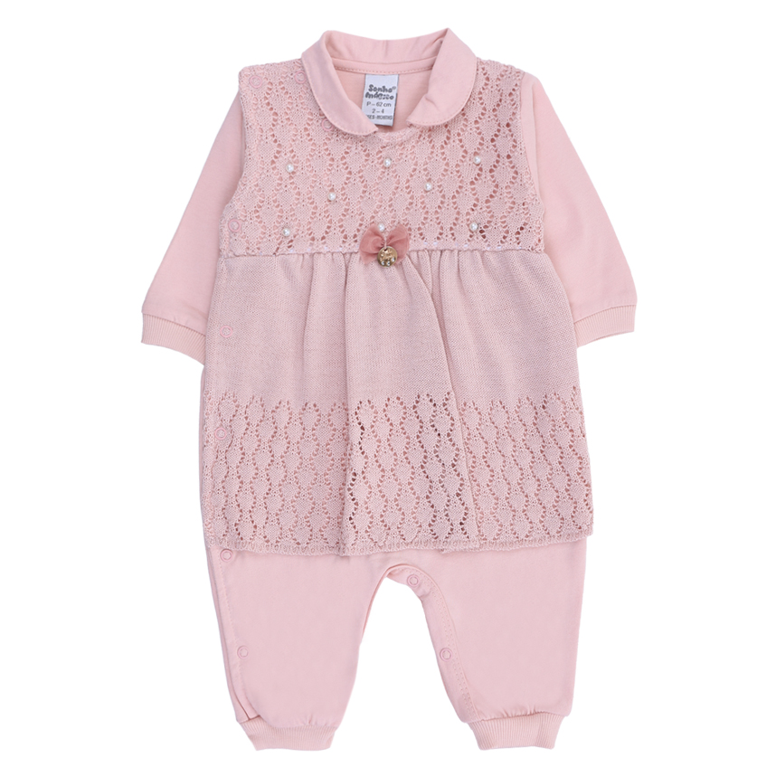 Macacão Longo Bebê Sonho Mágico Vestido Tricô Com Pérolas
