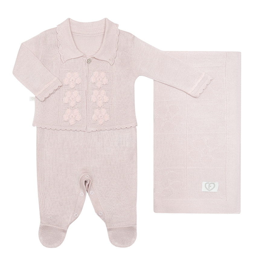 Saída Maternidade Fofinho Tricô Casaco Bordado Flor 3 Peças