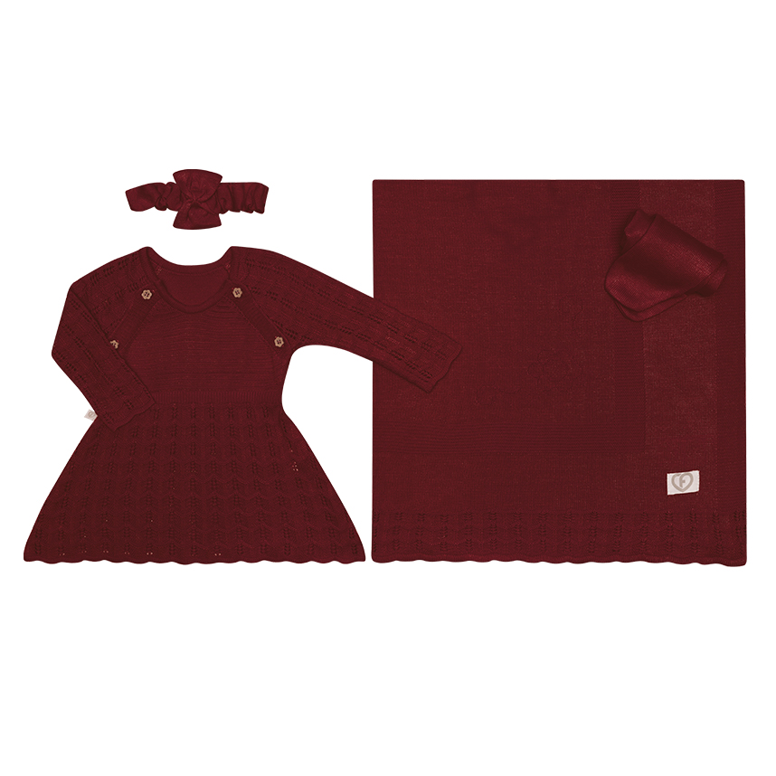 Saída de Maternidade Bebê Fofinho Tricô Vestido 4 Peças