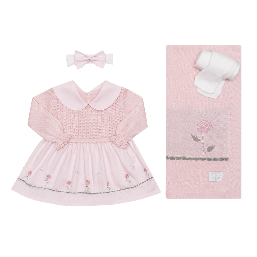 Saída de Maternidade Bebê Fofinho Vestido Em Tricô 4 Peças