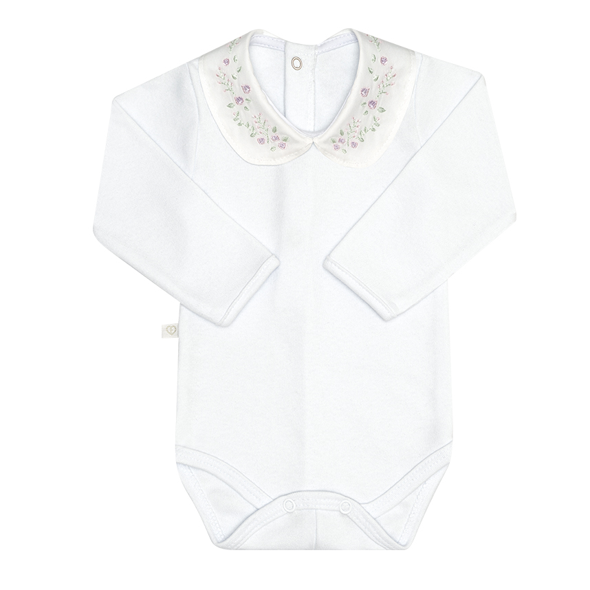Body Bebê Fofinho Manga Longa Suedine Gola Bordada Flor