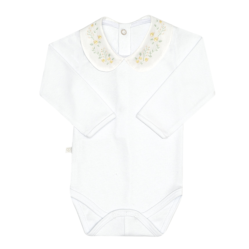 Body Bebê Fofinho Manga Longa Suedine Gola Bordada Flor