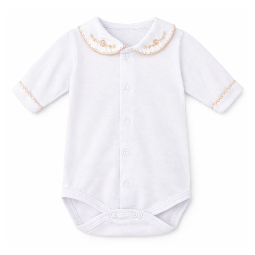 Body Bebê Fofinho Manga Longo Em Suedine Gola Bordado Flor