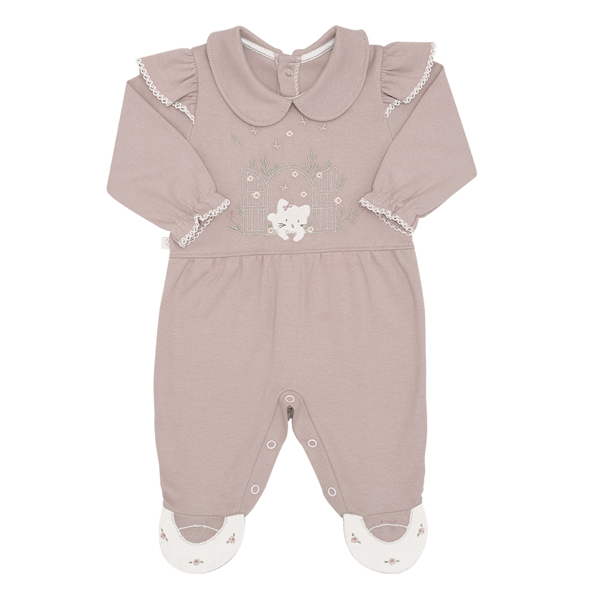 Macacão Longo Bebê Fofinho em Suedine Bordado Gatinha