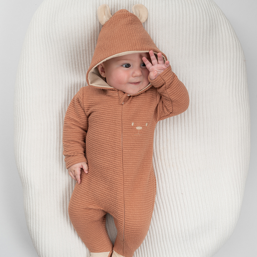 Macacão Longo Bebê Fofinho com Zíper E Capuz Bordado Urso