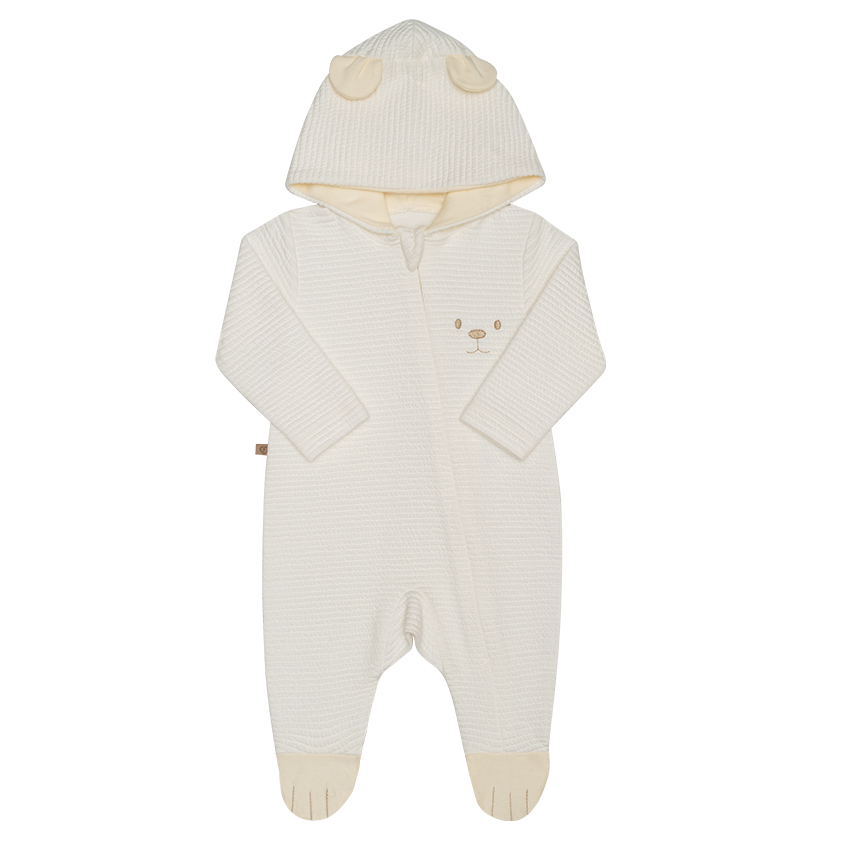 Macacão Longo Bebê Fofinho com Zíper E Capuz Bordado Urso