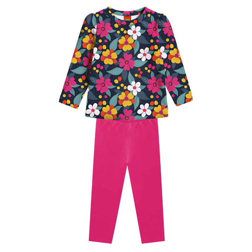 Conjunto Infantil Kyly Blusa Manga Longa Flores e Legging