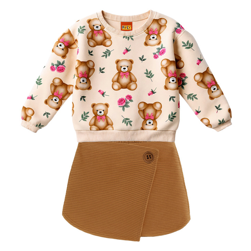 Conjunto Infantil Kyly Casaco Estampa Urso E Short Saia