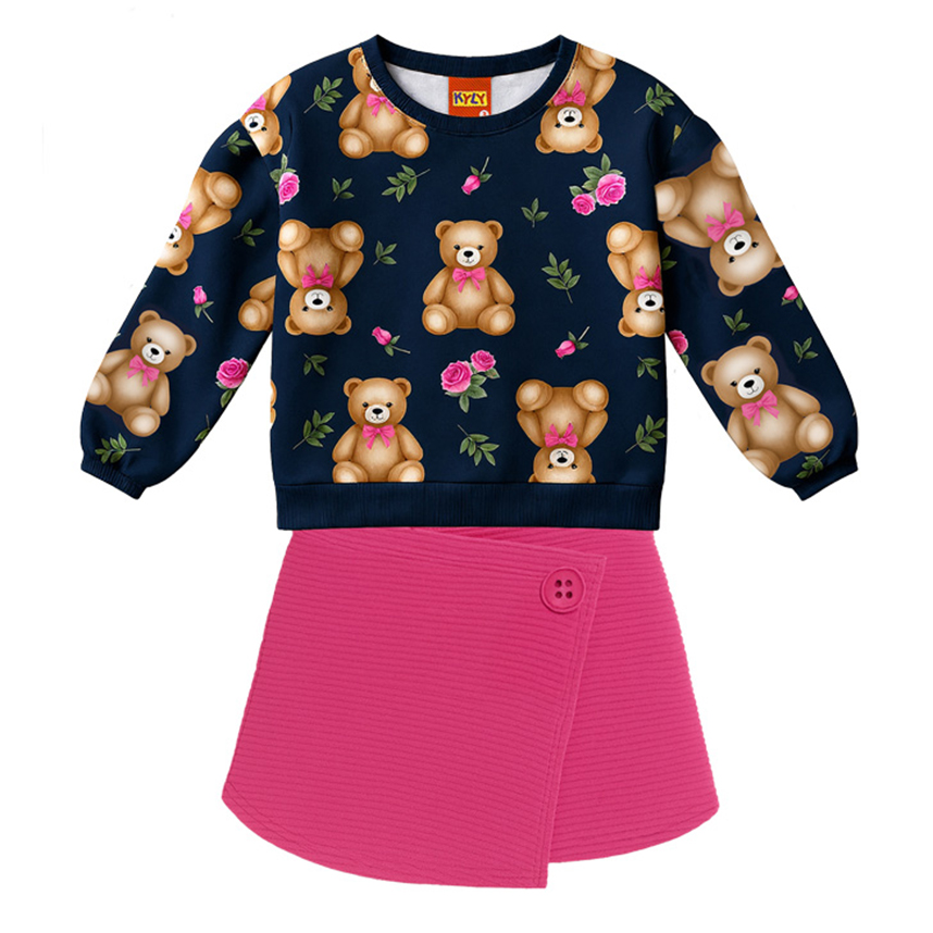 Conjunto Infantil Kyly Casaco Estampa Urso E Short Saia