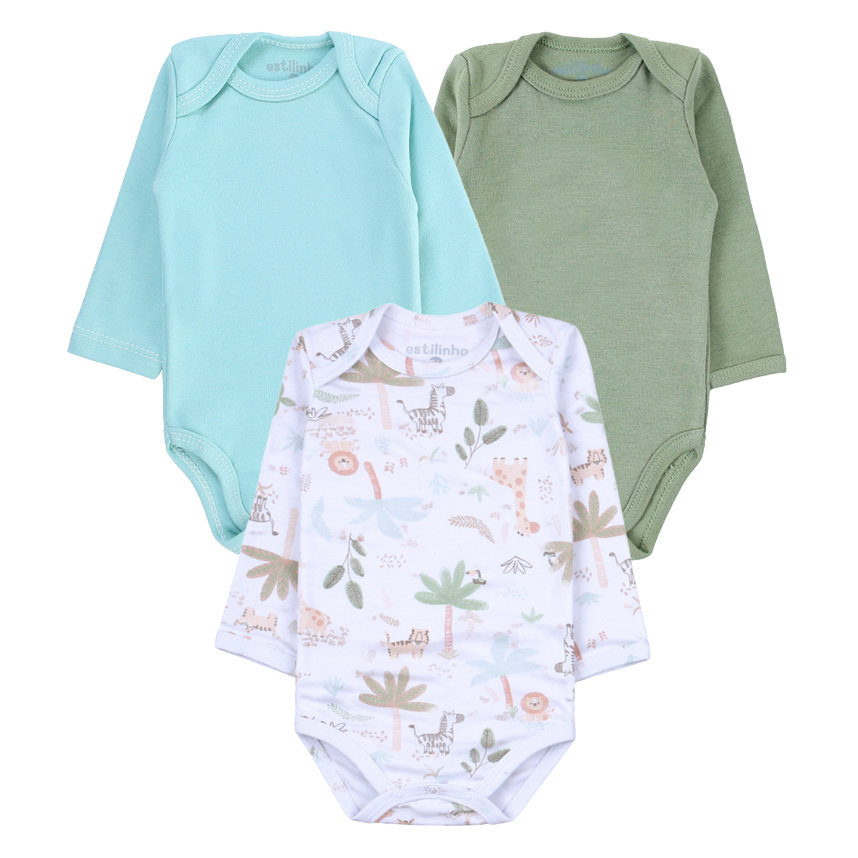 Kit Body Longo Estilinho Bebê Estampa Safari 3 Peças