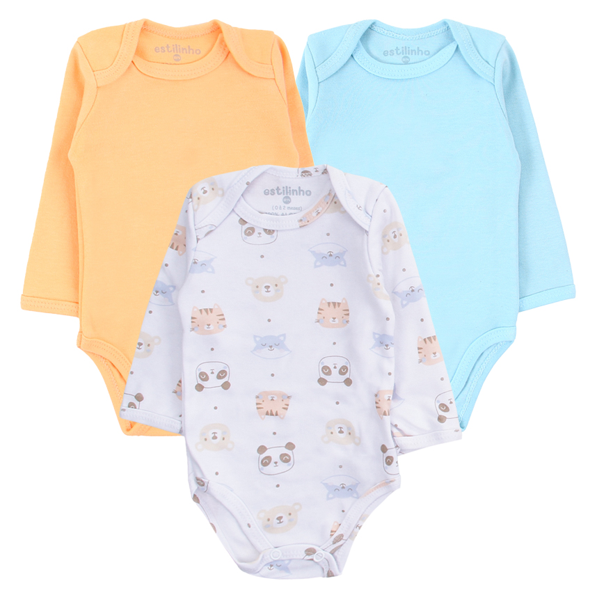 Kit Body Longo Estilinho Bebê Estampa Bichos 3 Peças