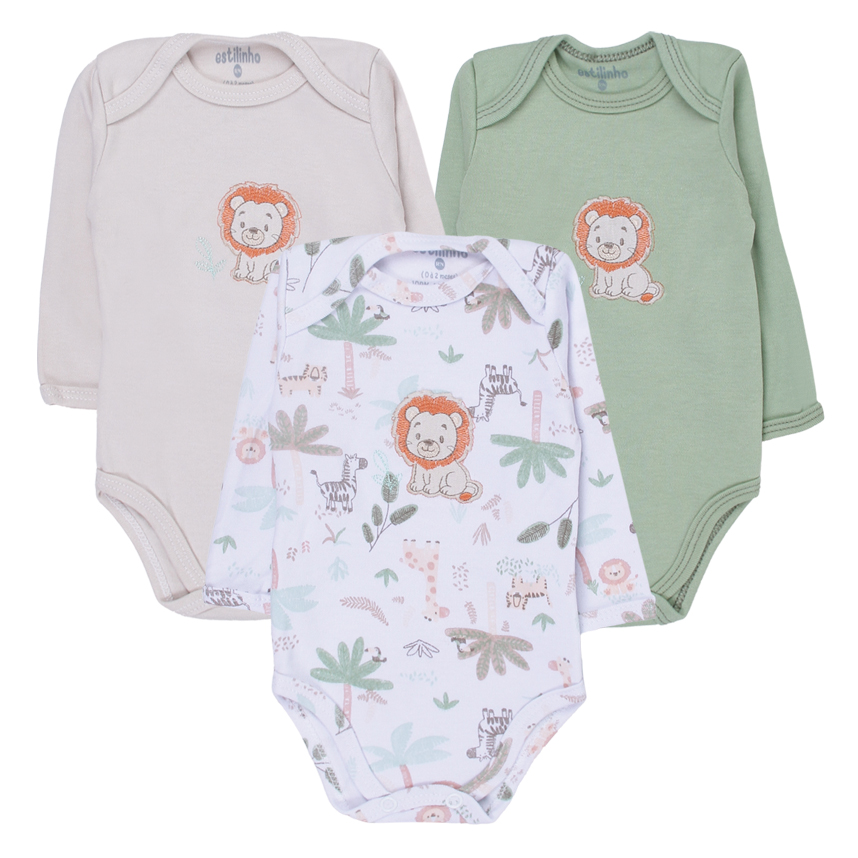 Kit Body Longo Estilinho Bebê Bordado Leão 3 Peças