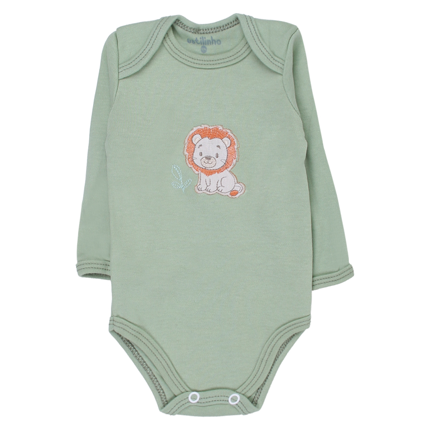 Kit Body Longo Estilinho Bebê Bordado Leão 3 Peças