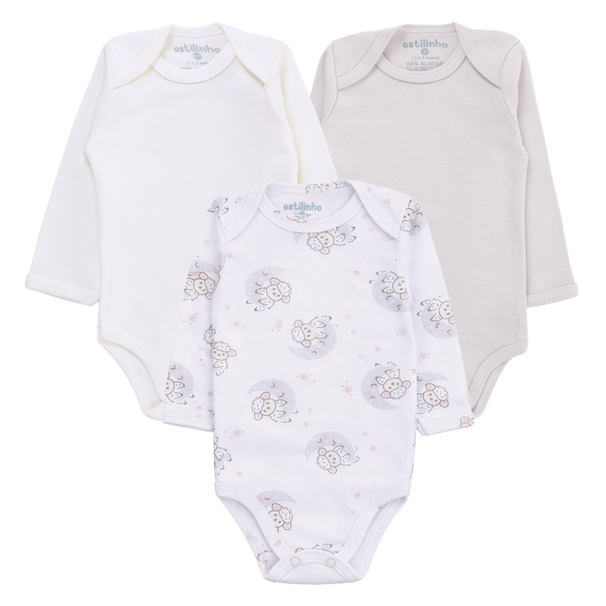 Kit Body Longo Estilinho Bebê Estampa Ovelha 3 Peças