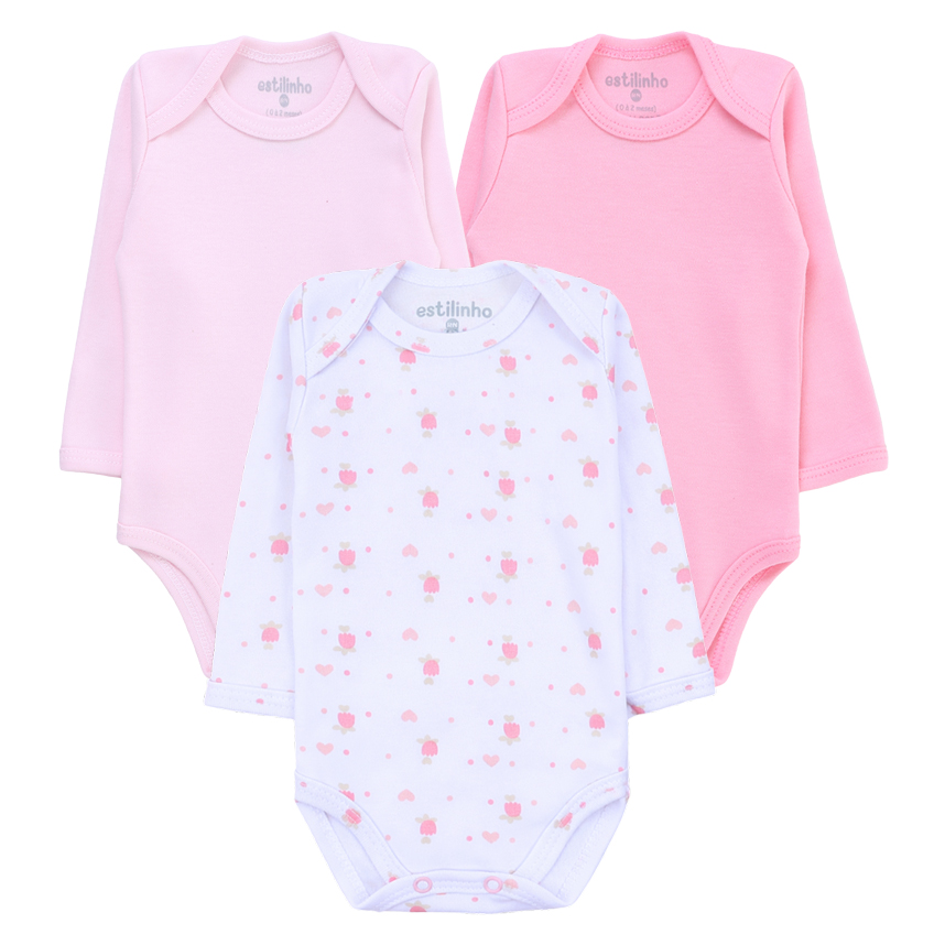 Kit Body Longo Estilinho Bebê Estampa Coração 3 Peças
