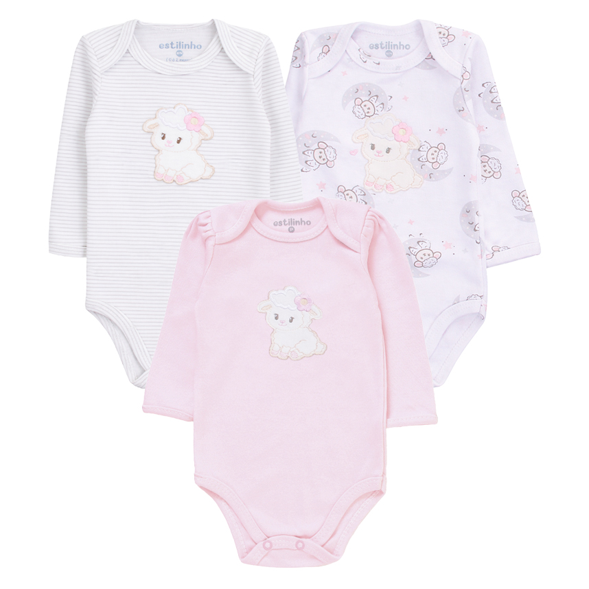 Kit Body Longo Estilinho Bebê Bordado Ovelha 3 Peças
