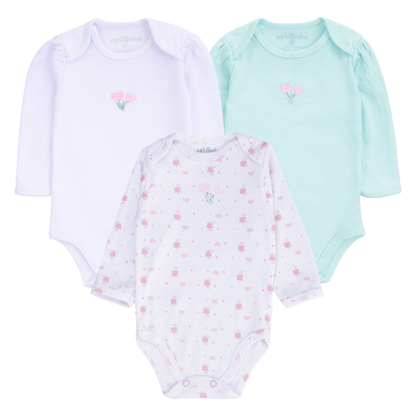 Kit Body Longo Estilinho Bebê Bordado Flor 3 Peças