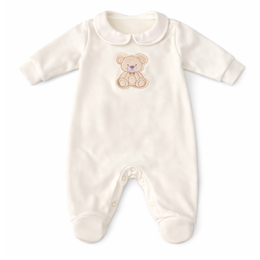 Macacão Longo Bebê Estilinho Suedine Bordado Urso