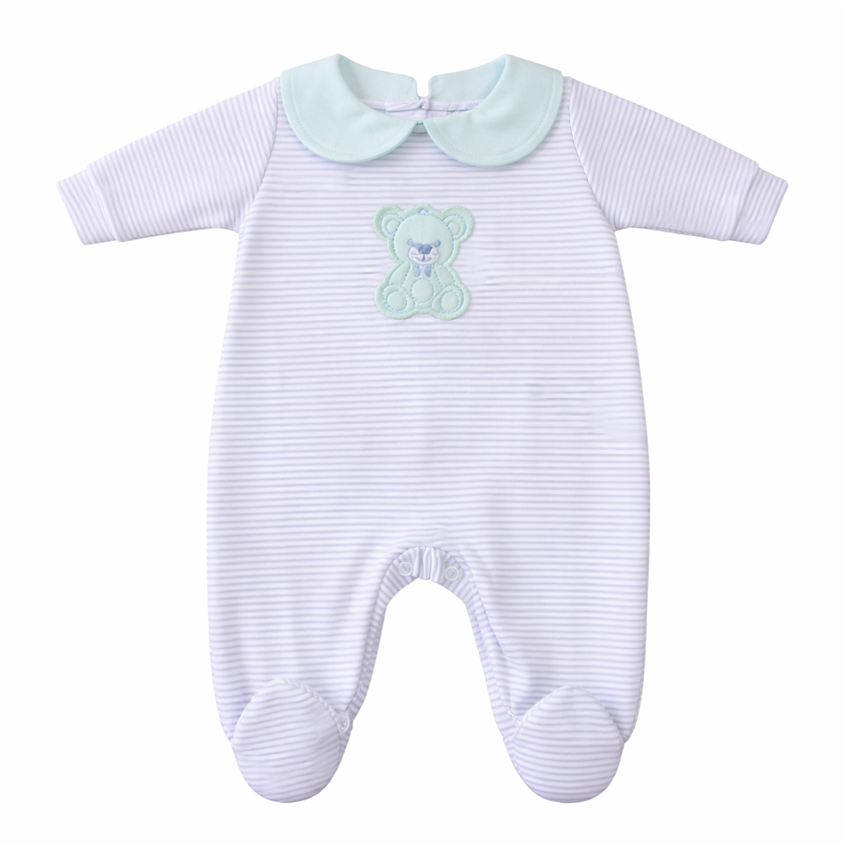 Macacão Longo Bebê Estilinho Listrado Bordado Urso