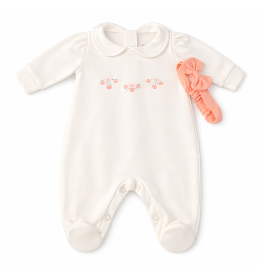 Macacão Longo Bebê Estilinho Bordado Flor Com Faixa