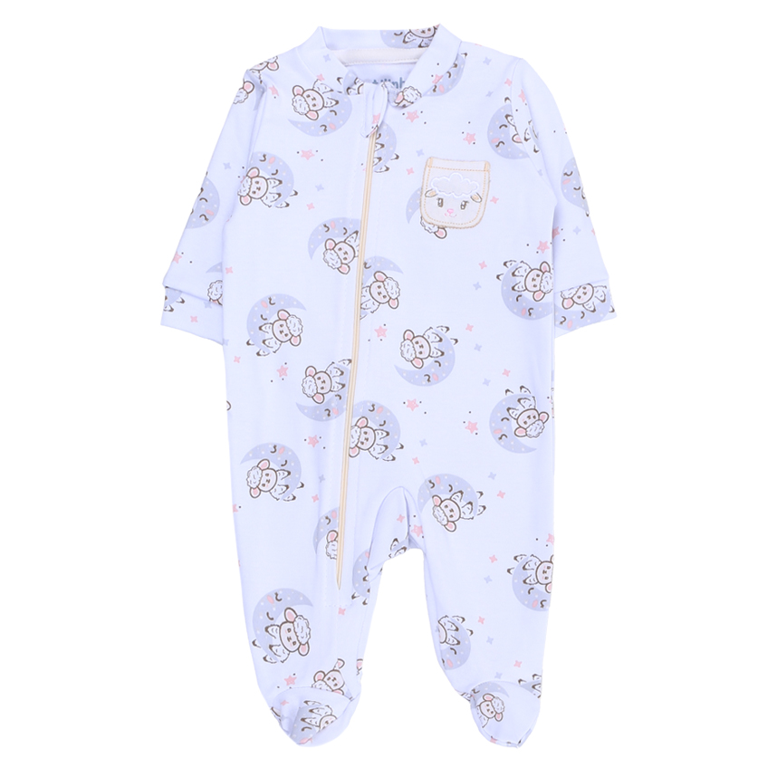 Macacão Longo Bebê Estilinho Zíper Bordado Ovelha Coração