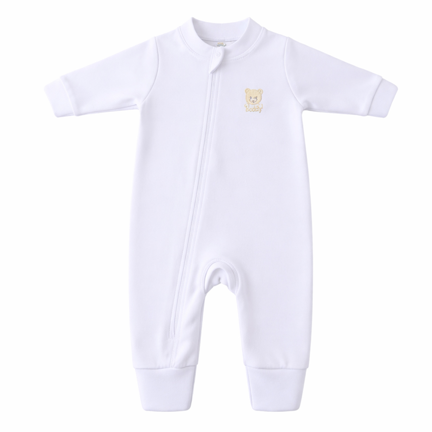 Macacão Longo Bebê Estilinho Zíper Bordado Ursinho