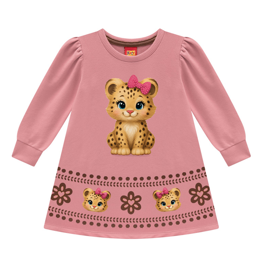 Vestido Infantil Kyly Manga Longa Estampa Tigresa Moletinho