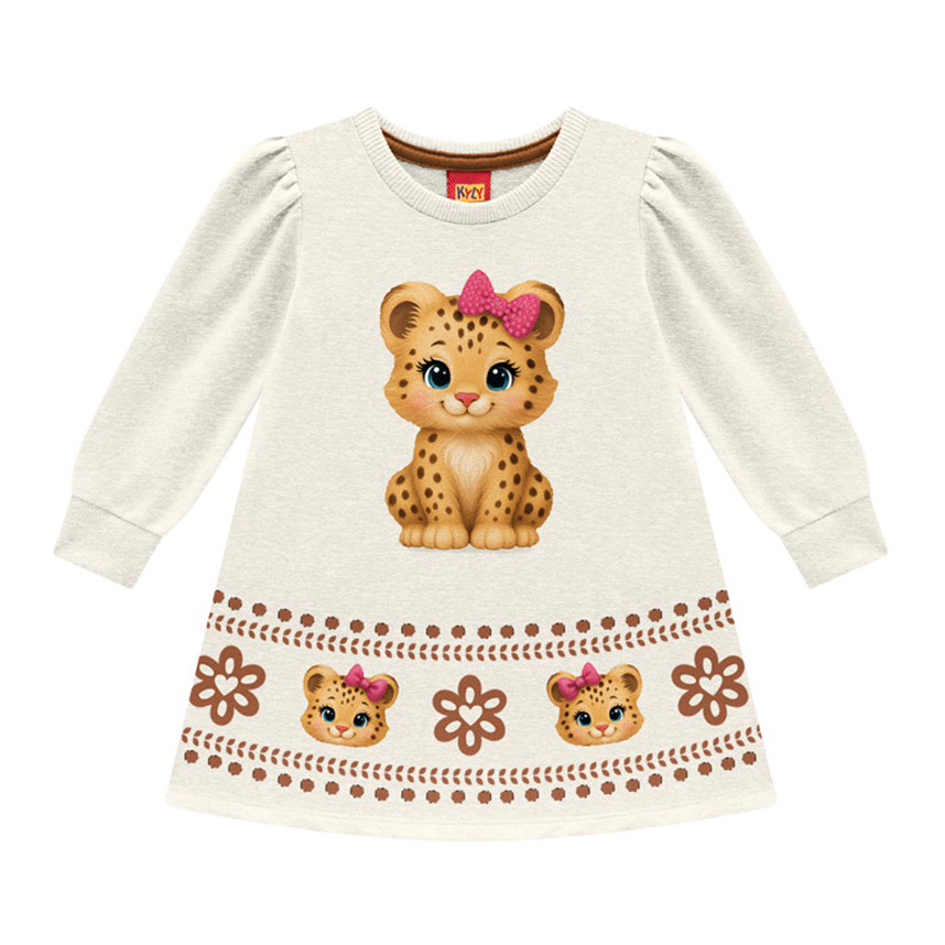 Vestido Infantil Kyly Manga Longa Estampa Tigresa Moletinho