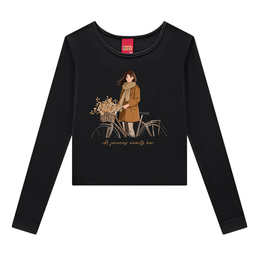 Blusa Infantil Kyly Manga Longa Estampa Menina Bicicleta