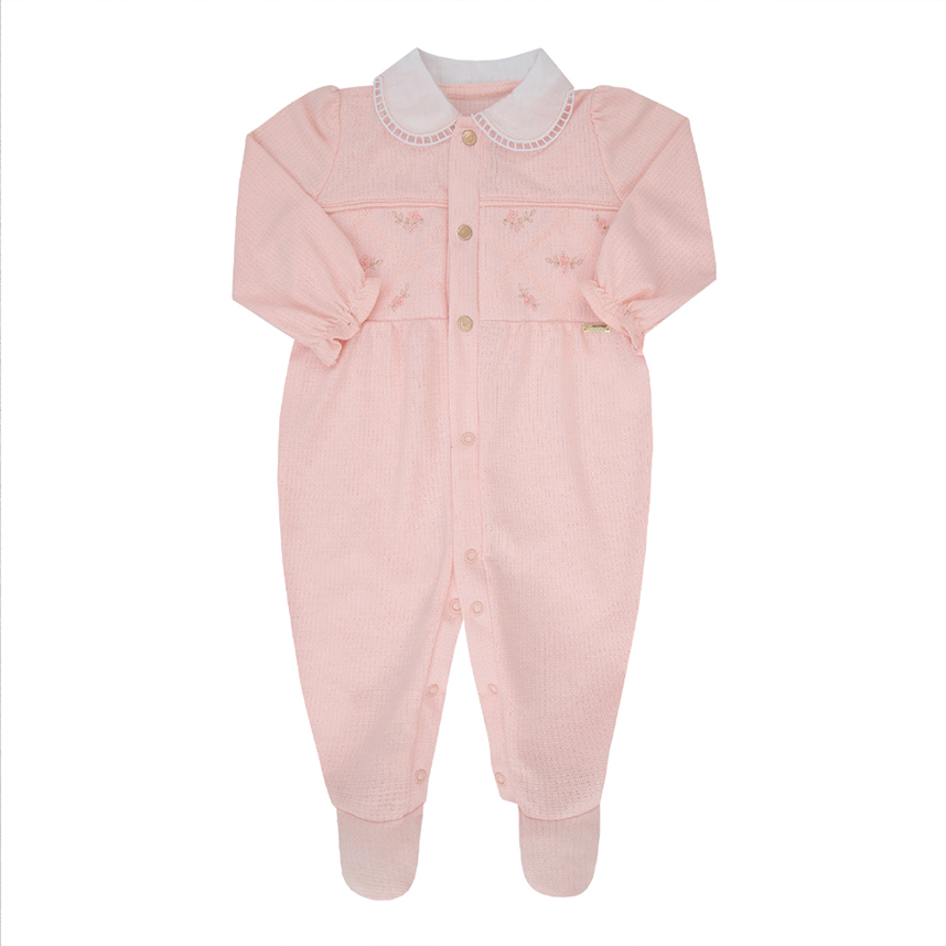 Macacão longo bebê Paraíso Pala trabalhada bordado flor