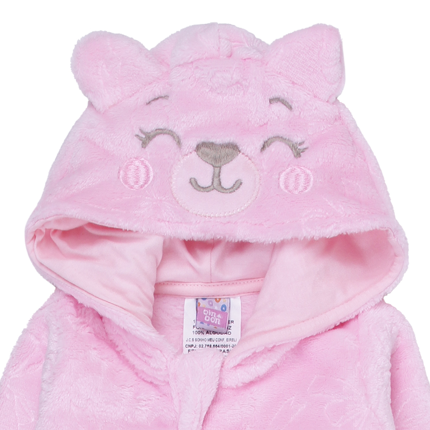 Macacão Longo Bebê Din Don Bordado Laços Com Capuz Ursa