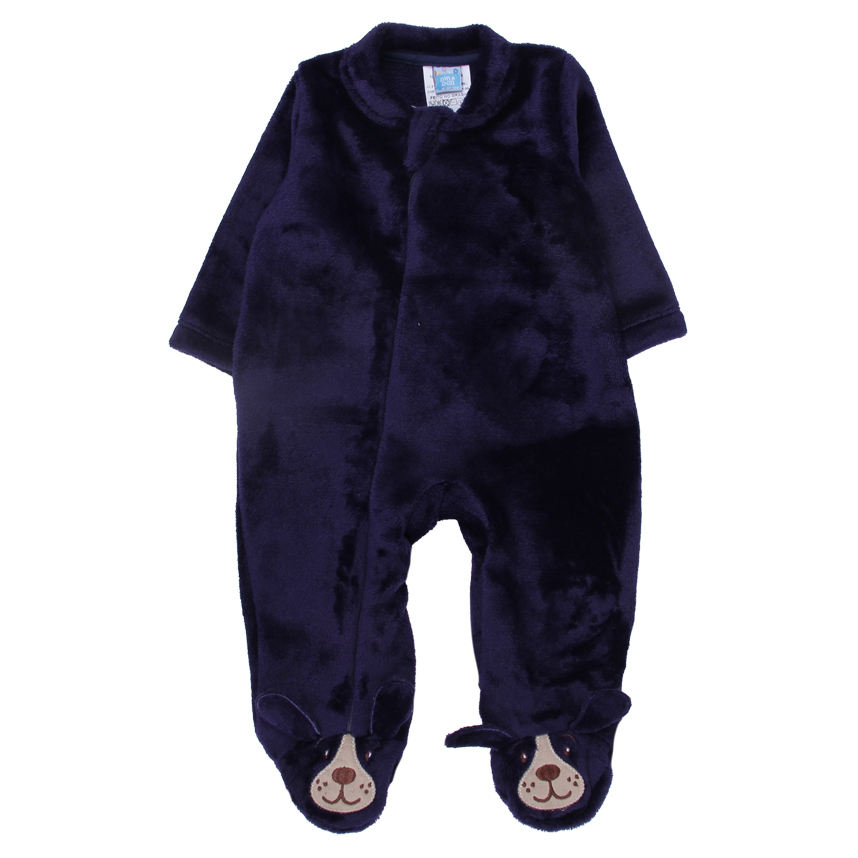 Macacão Longo Bebê Din Don Plush Pés Bordado Cachorrinho