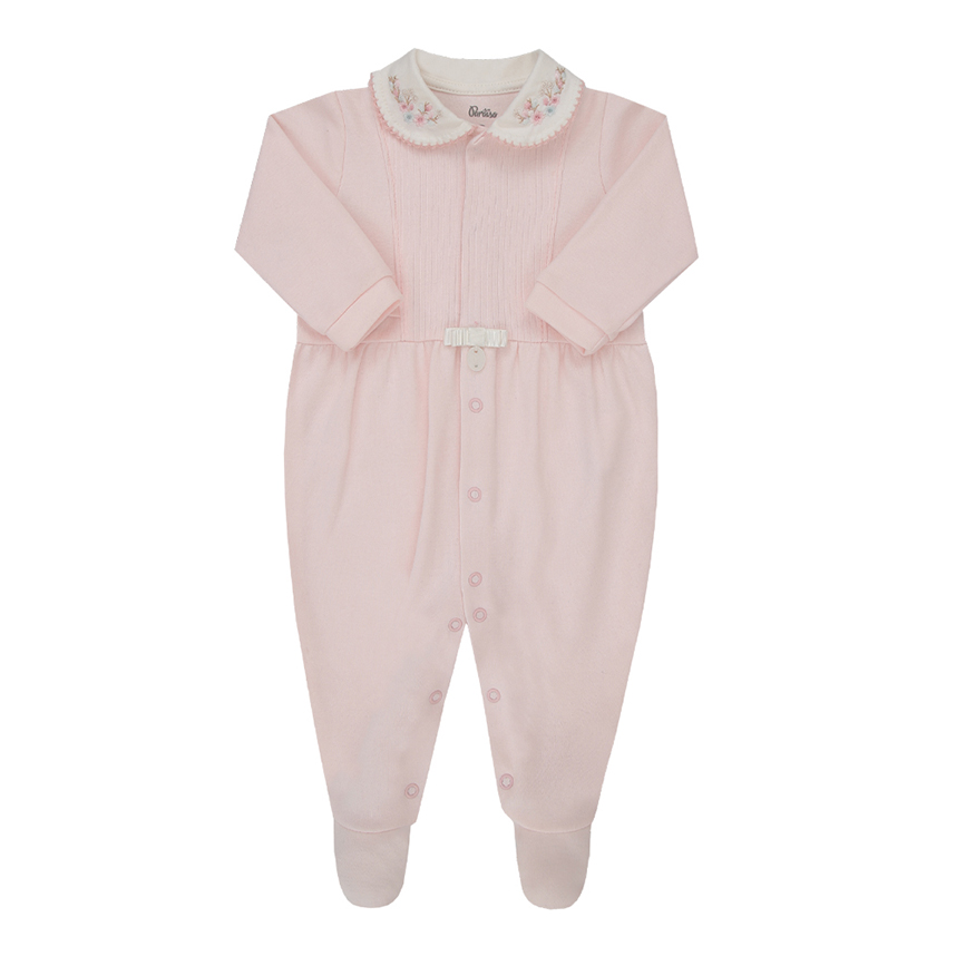 Macacão longo bebê Paraíso gola bordado flor em suedine