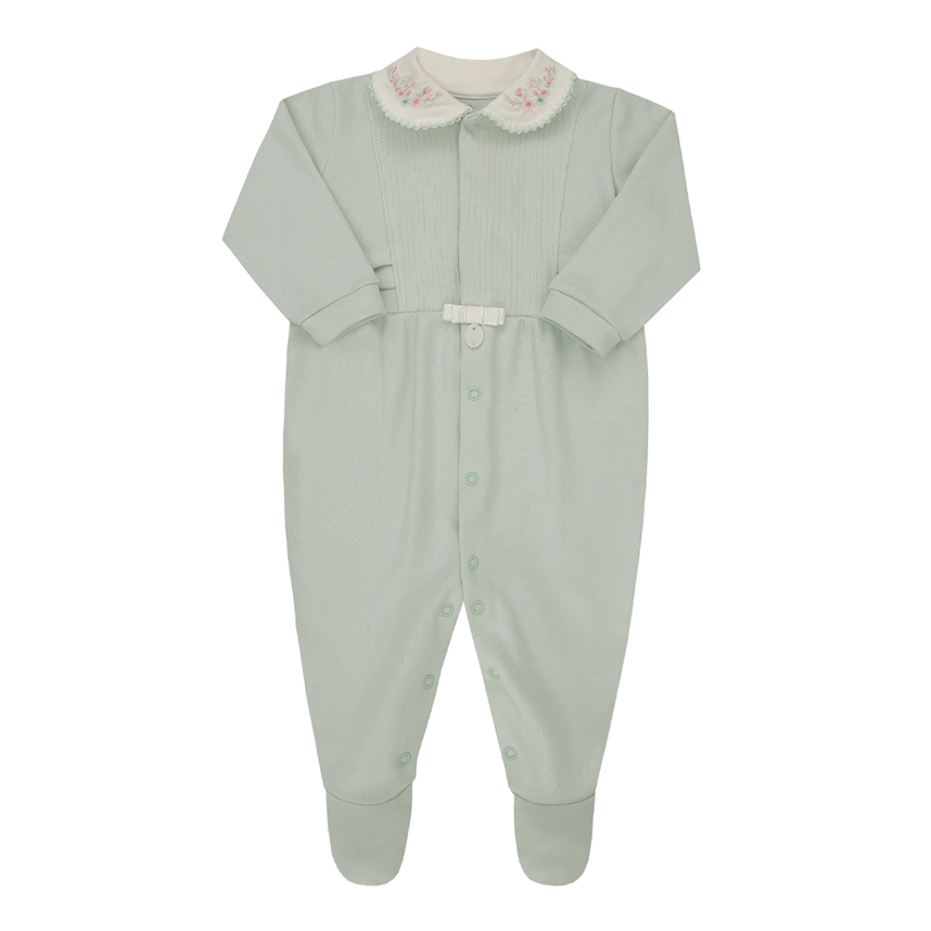 Macacão longo bebê Paraíso gola bordado flor em suedine