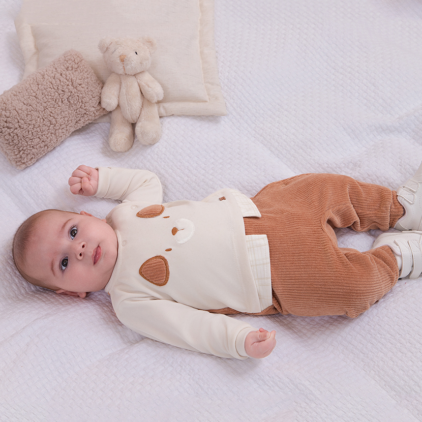 Macacão Longo Bebê Paraíso Cotelê Bordado Urso