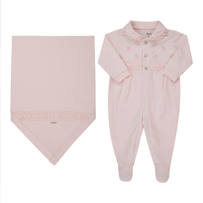 Saída Maternidade Paraíso Bordado Flor Detalhe Fita 2 Peças