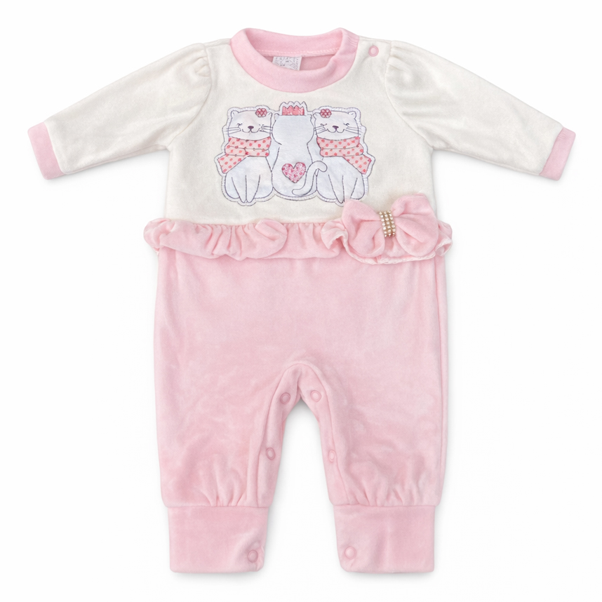 Macacão Longo Bebê Petutinha Bordado Gata Com Laço