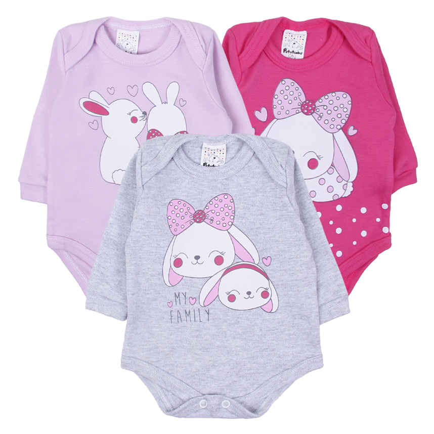 Kit Body Bebê Petutinha Manga Longa Estampa Coelha 3 Peças