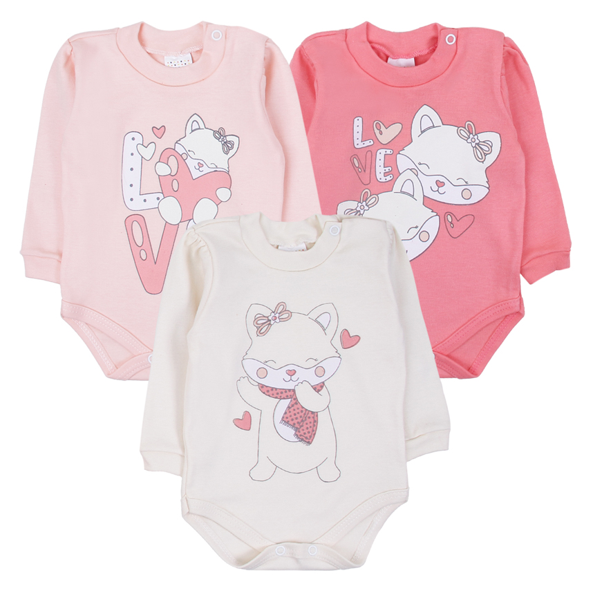 Kit Body Bebê Petutinha Manga Longa Estampa Raposa 3 Peças