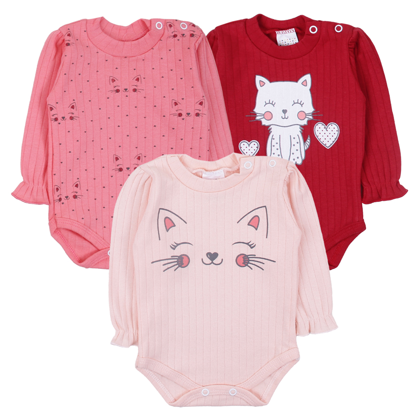 Kit Body Bebê Petutinha Manga Longa Estampa Gatinha 3 Peças