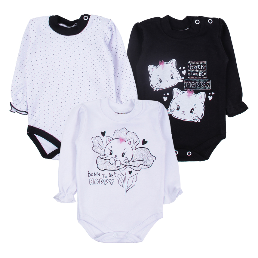 Kit Body Bebê Petutinha Manga Longa Estampa Gata 3 Peças